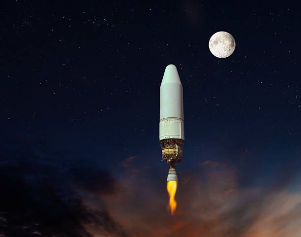 Conceptual image of spaceship and moon in night sky