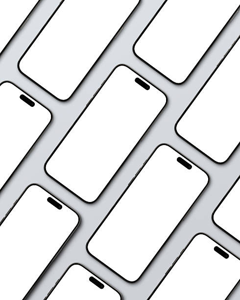 istock Multiple smartphones with blank screens arranged on gray background 2235612109