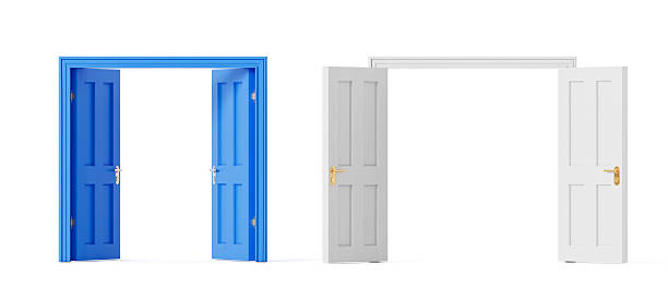 istock Two open classic panel doors, one blue and one white, side by side in minimal setup concept on clean white background. 3D Rendering 2235613957