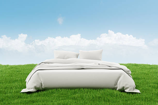 istock White bed with pillows and blanket placed outdoors on green grass against blue sky with clouds, symbolizing relaxation and nature sleep concept. 3D Rendering 2235614096