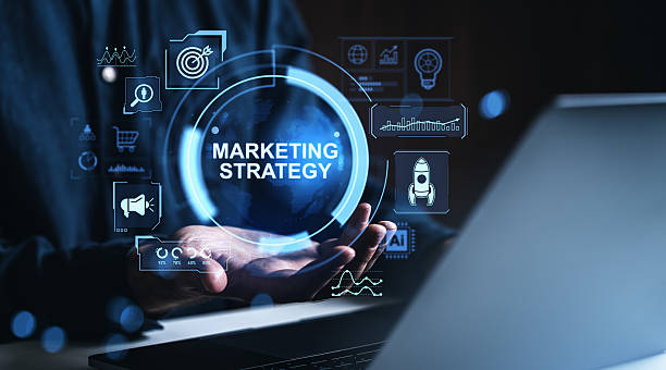 istock Digital marketing strategy concept with data icons and glowing holographic elements. 2235614756