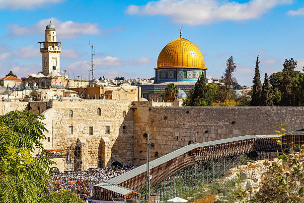 The golden dome - the Mosque of Omar. Jerusalem. Israel. Sukkot. The morning of the Blessing of the Kohanim. The square in front of the Western Wall