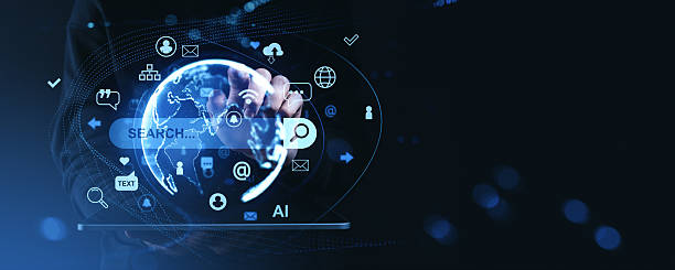 istock Digital search interface with global connectivity icons and user hand interacting with virtual screen representing online technology concept. 2235614922