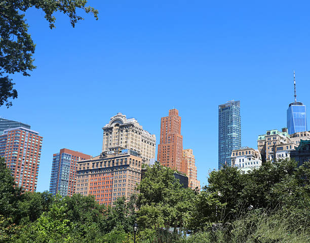 Stunning Lower Manhattan Skyline, Featuring NYC's Famous Skyscrapers and Architecture.