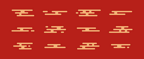 Japanese cloud pattern, Chinese style, oriental simple motif. Abstract Asian line shape on red background. Golden korean symbol smoke, Japan ethnic icon, China wave tradition bg. Vector illustration