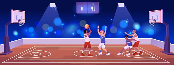 istock Basketball competition on the stadium vector flat illustration, cartoon basketball players fight for the ball, 2235618237