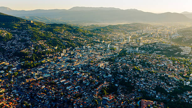 istock Sarajevo panoramic aerial view at sunset with surrounding mountains 2235622609