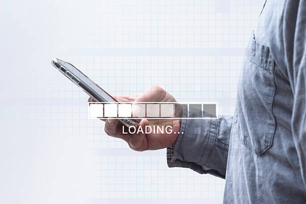 Man holding a smartphone with a digital loading bar and progress indicator overlay. Concept of internet connection, data transfer, mobile technology and digital transformation