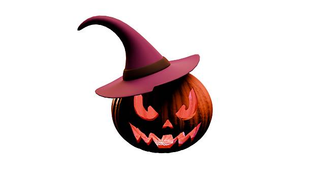 Creative Halloween pumpkin jack o lantern wearing a witch hat isolated on white background. Perfect seasonal image for holiday design decoration and advertising projects.