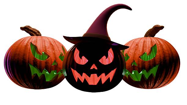 Scary jack o lantern pumpkins including one with witch hat glowing in green light isolated on white background. Seasonal decoration for Halloween and holiday creative projects.