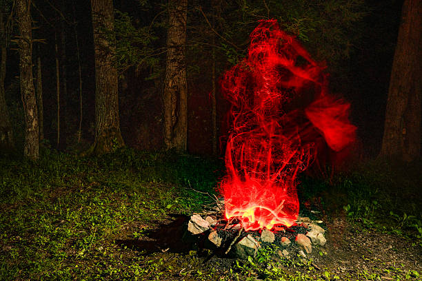 This is a long exposure of a campfire ring at night illuminated with LED lights to appear as if flames are burning wood in Virginia’s George Washington & Jefferson National Forest.