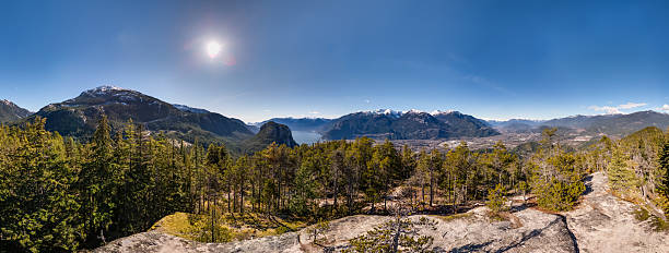 Expansive view of Squamish, BC, Canada mountains, forests, and valleys with vibrant scenery