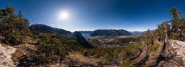 Scenic view of mountains, forest, and sunshine near Squamish, BC, Canada.