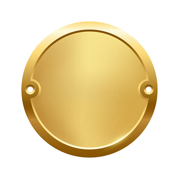 istock Blank golden nameplate plaque with screw holes. Metallic round label for engraving, signage, awards, door signs. Realistic vector illustration 2235648439