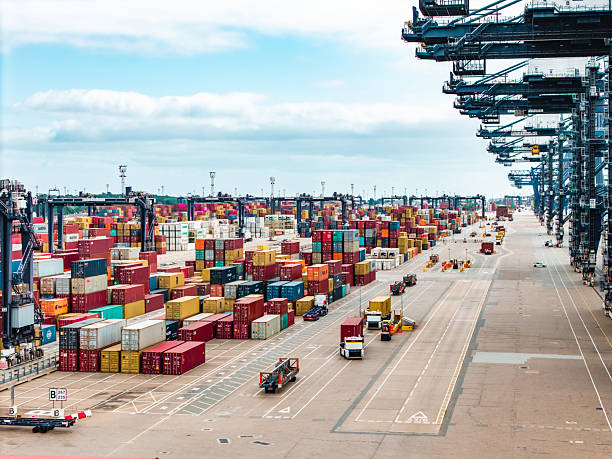 Drone view of the port of felixstowe, a major container port in suffolk, england, showing loading and unloading operations