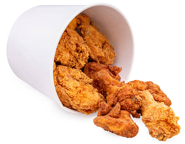 istock Fried chicken on paple bucket on white background, Fried chicken on paper on isolate white background. 2235659250