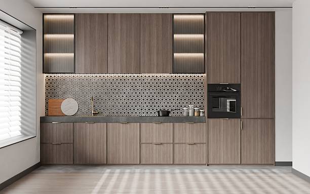 istock Modern minimalist open kitchen with wooden cabinet, hexagon tile backsplash, and a sleek kitchen island – 3d Render 2235667078