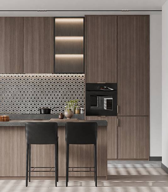 istock Modern minimalist open kitchen with wooden cabinet, hexagon tile backsplash, and a sleek kitchen island – 3d Render 2235667092