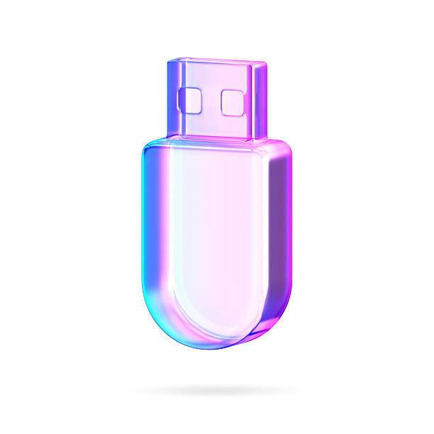 3D glassmorphism USB stick with gradient glossy finish. Minimal storage device shape for technology, data, and digital concepts