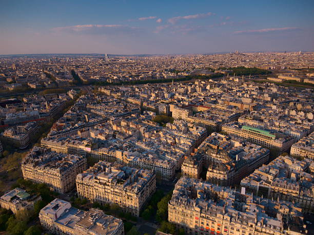roofs of paris, urban landscape viewed from drone