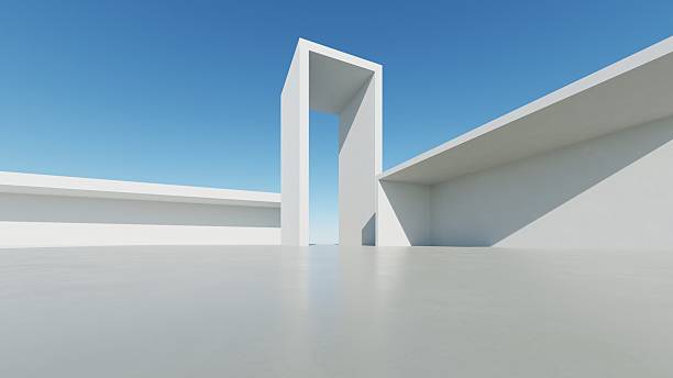istock 3d illustration of abstract modern architecture background, Minimal geometry architectural design, Car presentation backdrop with empty concrete floor, Geometric white blocks building design 2235683505