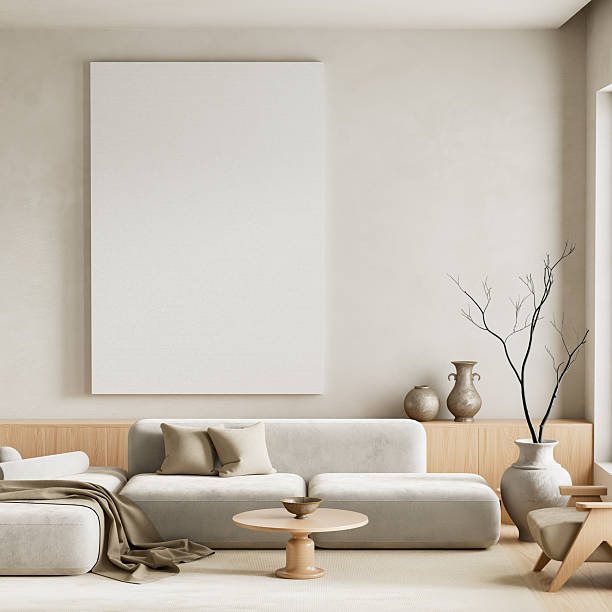 istock Modern interior with mock up poster frame and neutral sofa. 3D illustration 2235693255