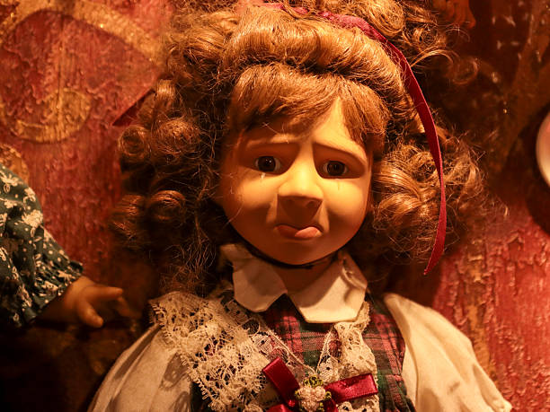 old nostalgic doll with tearful expression, close-up of face