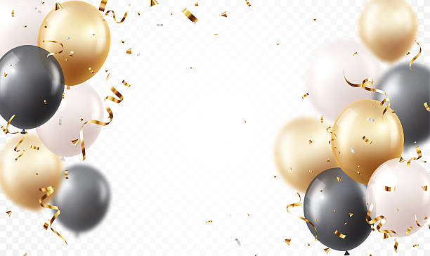 istock Abstract Beautiful black and gold balloons with confetti for invitation cards 2235698855