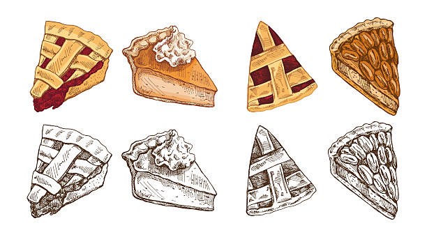 Hand drawn vintage set of four pie slices. Includes cherry slice with lattice, cream topped slice, nut slice, and decorative lattice crust slice. Perfect for bakery design, menu, packaging, festive projects.