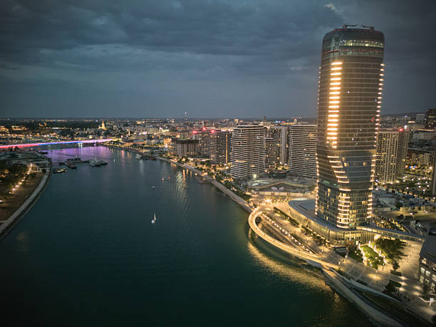 istock Illuminated riverbank with Belgrade Water Front tower aerial panorama view 2235702814