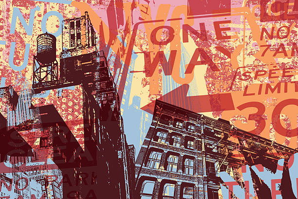 Abstract, textured, distressed, grunge-style collage of New York City. Manhatann buildings, street signs, and an urban cityscape layered with rough textures and gritty design elements.