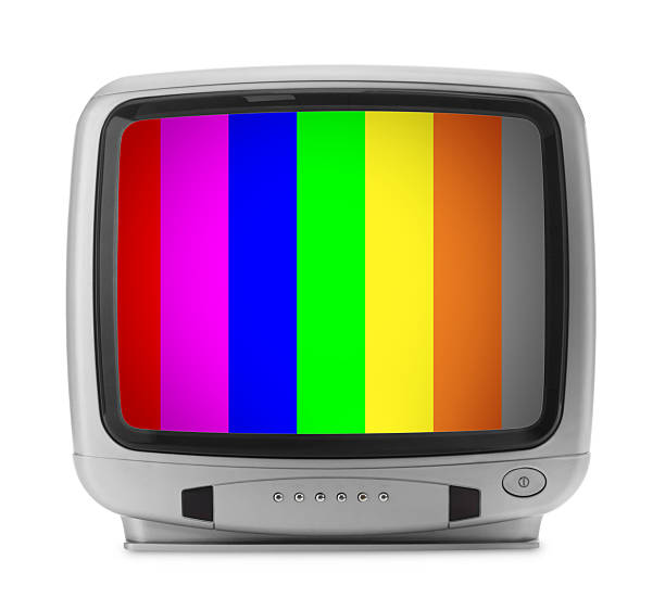 Retro TV set with test pattern on white background. Color bars on screen. No signal