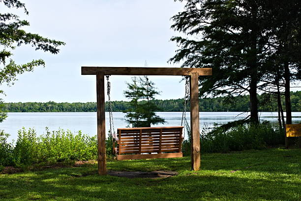 A porch swing on the banks of Jones Lake offer a beautiful and relaxing view of the lake.