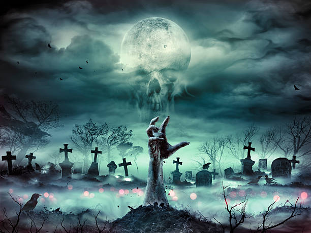 istock Zombie - Hands Rising Out Of A Graveyard With Moon With Skull Shape And Dramatic Cloudscape And Crows - Halloween teal Color 2235717798