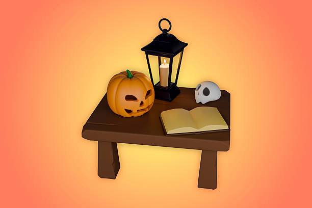 A Halloween-themed still life features a carved pumpkin, a lit lantern, a small