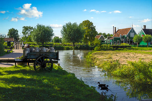 Picturesque view of the traditional Dutch countryside at Zaanse Schans, with green wooden houses, a canal with swans and ducks, and an old wooden cart with milk cans under a blue summer sky.