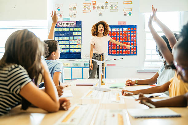 istock Smiling teacher engaging with enthusiastic diverse elementary students raising their hands in a bright, colorful classroom setting 2235721845