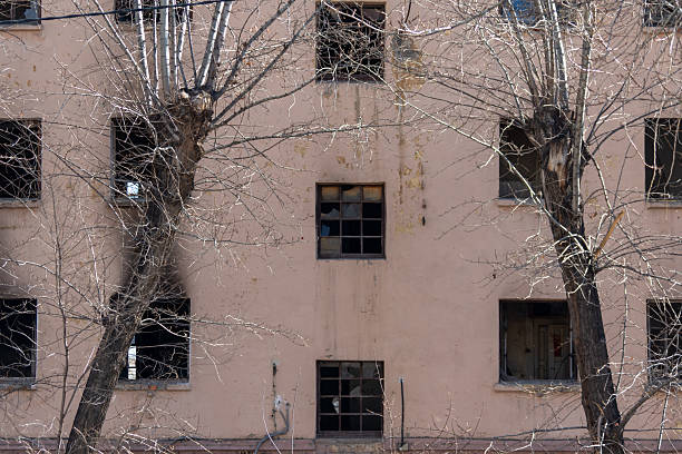 istock Old abandoned apartment building with shattered windows, surrounded by leafless winter trees, set against a pale exterior wall background 2235721866