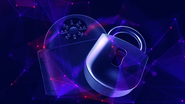 istock Security camera composited in red and blue coloured futuristic plexus environment 2235722105