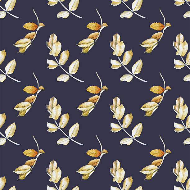 istock Watercolor seamless pattern with autumn leaves on a gray background. Botanical illustration of dried yellow rosehip leaves. Seamless background for wallpaper, textiles, tableware, packaging. 2235722887