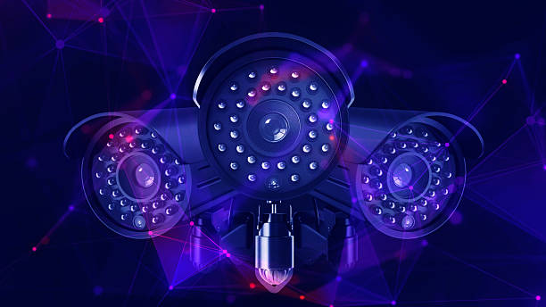 istock Security camera composited in red and blue coloured futuristic plexus environment 2235723288