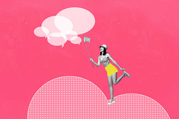 istock Pop sketch 3d image artwork collage of happy girl catch net bubble communication speech chatterbox notification icon concept 2235723736