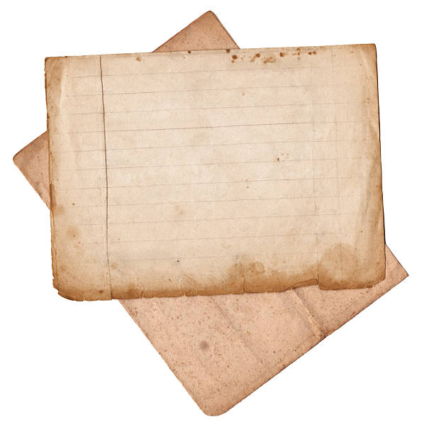 istock Vintage Notebook Paper Stack. Two Aged Lined Pages with Stains and Folds. Lined Sheet and Empty Folded Paper Sheets Isolated on White Background, Top View. Historical Notebook Paper for Education 2235728410