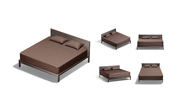 istock Blank wooden double bed with brown bedding mockup, different views 2235729614