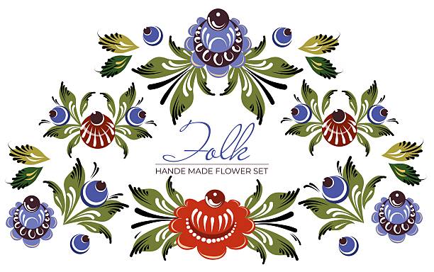 Vector set of flower and berries. Compositions from elements of Gorodets painting, flowers and berries. Folk art illustration for decoration