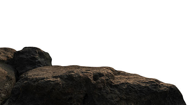 istock Brown rock stone podium isolated white background, Cliff edge black mountain boulder formation well empty stand display product, cosmetics platform presentation, Clipping path 2235739322