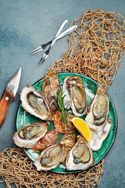 istock Plate with fresh open oysters ready to eat. Top view. Seafood. 2235739746