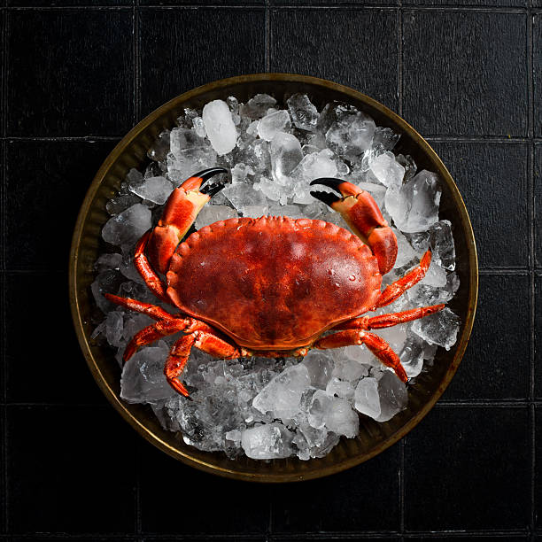 istock Cooked whole crab in a metal tray with ice on a black stone background. 2235741352