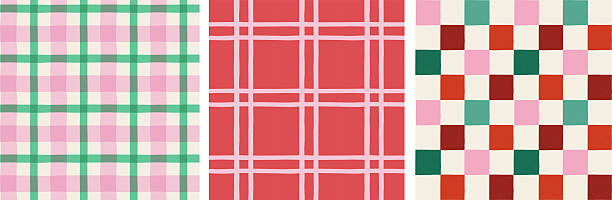 Christmas patterns set. Merry Christmas backgrounds, seamless patterns. Plaid, Checked pattern design. Red, green and pink Xmas colors