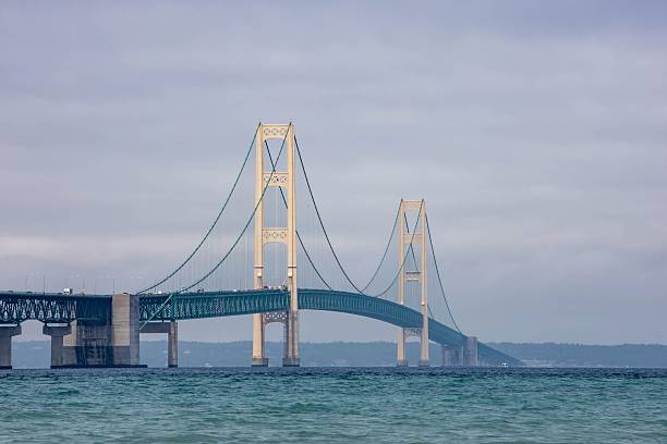 Mackinac Bridge spanning over Lake Michigan under a cloudy sky in Michigan, USA.